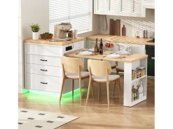 Ilha de cozinha central - mesa de jantar extensível - con iluminação LED - con tomada de corriente - con rodas e espaço de armazenamento - Natural + Branco