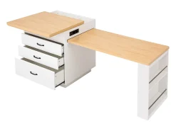 Ilha de cozinha central - mesa de jantar extensível - con iluminação LED - con tomada de corriente - con rodas e espaço de armazenamento - Natural + Branco