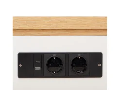Ilha de cozinha central - mesa de jantar extensível - con iluminação LED - con tomada de corriente - con rodas e espaço de armazenamento - Natural + Branco