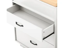 Ilha de cozinha central - mesa de jantar extensível - con iluminação LED - con tomada de corriente - con rodas e espaço de armazenamento - Natural + Branco
