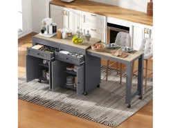 Ilha de cozinha central - com 4 portas e 2 gavetas - bancada extensível - com rodízios - 180,5×45×92,2 cm - Cinza