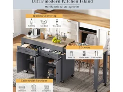 Ilha de cozinha central - com 4 portas e 2 gavetas - bancada extensível - com rodízios - 180,5×45×92,2 cm - Cinza