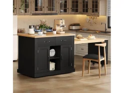 Ilha de cozinha central - mesa de jantar extensível - con tomada de corriente - con rodas e espaço de armazenamento - Natural + Preto