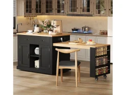 Ilha de cozinha central - mesa de jantar extensível - con tomada de corriente - con rodas e espaço de armazenamento - Natural + Preto