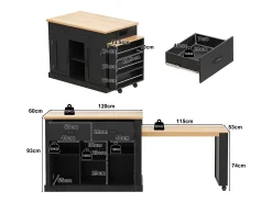 Ilha de cozinha central - mesa de jantar extensível - con tomada de corriente - con rodas e espaço de armazenamento - Natural + Preto