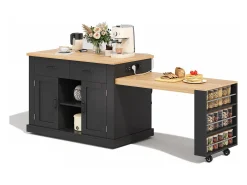 Ilha de cozinha central - mesa de jantar extensível - con tomada de corriente - con rodas e espaço de armazenamento - Natural + Preto