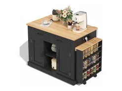 Ilha de cozinha central - mesa de jantar extensível - con tomada de corriente - con rodas e espaço de armazenamento - Natural + Preto