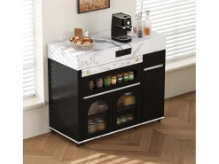 Ilha de cozinha central - mesa de jantar extensível - con tomada de corriente - con rodas e espaço de armazenamento - con gancho - Preto+Branco