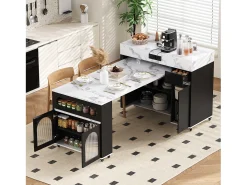 Ilha de cozinha central - mesa de jantar extensível - con tomada de corriente - con rodas e espaço de armazenamento - con gancho - Preto+Branco