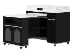 Ilha de cozinha central - mesa de jantar extensível - con tomada de corriente - con rodas e espaço de armazenamento - con gancho - Preto+Branco