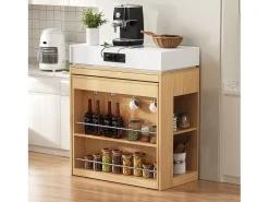 Ilha de cozinha central - mesa de jantar extensível - con tomada de corrente - con rodas e espaço de armazenamento - con gancho - Natural