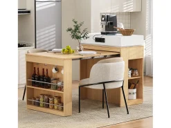 Ilha de cozinha central - mesa de jantar extensível - con tomada de corrente - con rodas e espaço de armazenamento - con gancho - Natural
