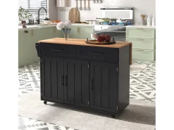 Ilha de cozinha central com 2 gavetas - Bancada extensível - pés com rodízios ou em madeira maciça - Preto