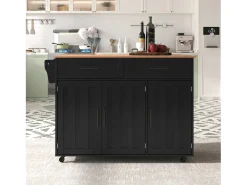 Ilha de cozinha central com 2 gavetas - Bancada extensível - pés com rodízios ou em madeira maciça - Preto