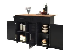 Ilha de cozinha central com 2 gavetas - Bancada extensível - pés com rodízios ou em madeira maciça - Preto