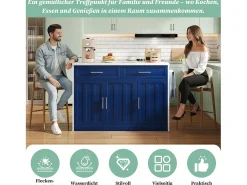 Ilha de cozinha central com 3 portas + 2 gavetas - 120 x 60 x 91 cm - com tomadas + USB - MDF - azul