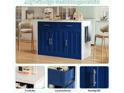 Ilha de cozinha central com 3 portas + 2 gavetas - 120 x 60 x 91 cm - com tomadas + USB - MDF - azul