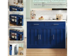 Ilha de cozinha central com 3 portas + 2 gavetas - 120 x 60 x 91 cm - com tomadas + USB - MDF - azul