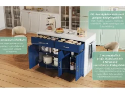 Ilha de cozinha central com 3 portas + 2 gavetas - 120 x 60 x 91 cm - com tomadas + USB - MDF - azul