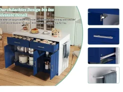Ilha de cozinha central com 3 portas + 2 gavetas - 120 x 60 x 91 cm - com tomadas + USB - MDF - azul