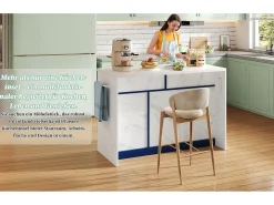 Ilha de cozinha central com 3 portas + 2 gavetas - 120 x 60 x 91 cm - com tomadas + USB - MDF - azul