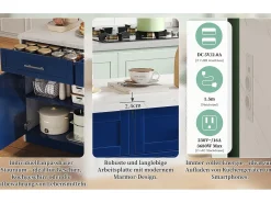 Ilha de cozinha central com 3 portas + 2 gavetas - 120 x 60 x 91 cm - com tomadas + USB - MDF - azul