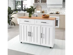 Ilha de cozinha central com 2 gavetas - Bancada extensível - pés com rodízios ou em madeira maciça - Branco