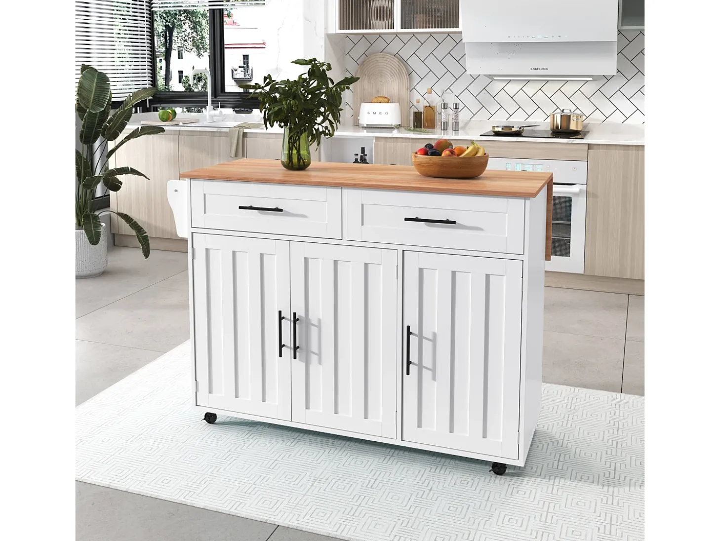 Ilha de cozinha central com 2 gavetas - Bancada extensível - pés com rodízios ou em madeira maciça - Branco