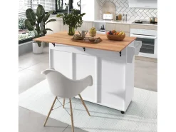 Ilha de cozinha central com 2 gavetas - Bancada extensível - pés com rodízios ou em madeira maciça - Branco