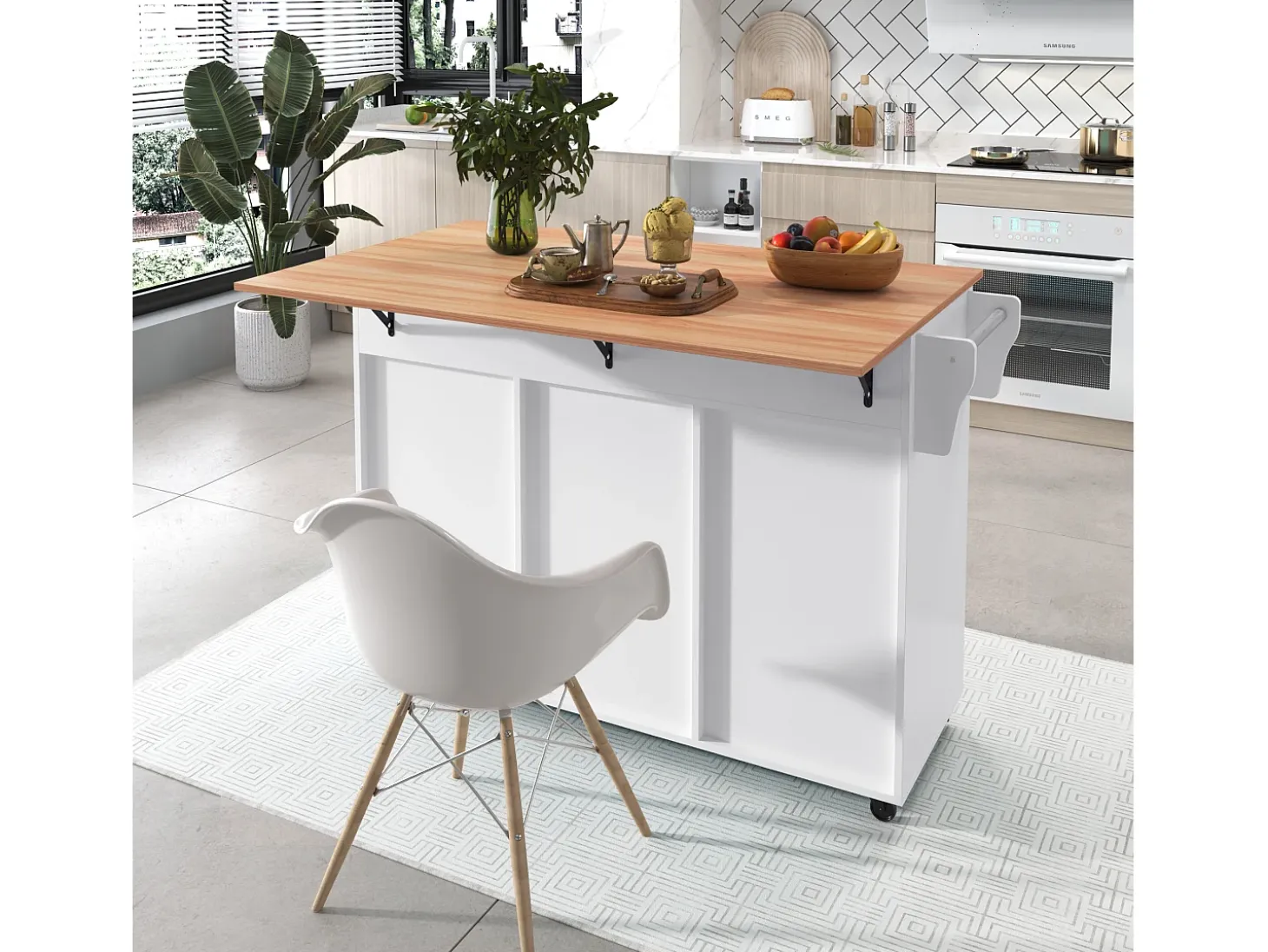Ilha de cozinha central com 2 gavetas - Bancada extensível - pés com rodízios ou em madeira maciça - Branco