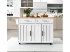 Ilha de cozinha central com 2 gavetas - Bancada extensível - pés com rodízios ou em madeira maciça - Branco
