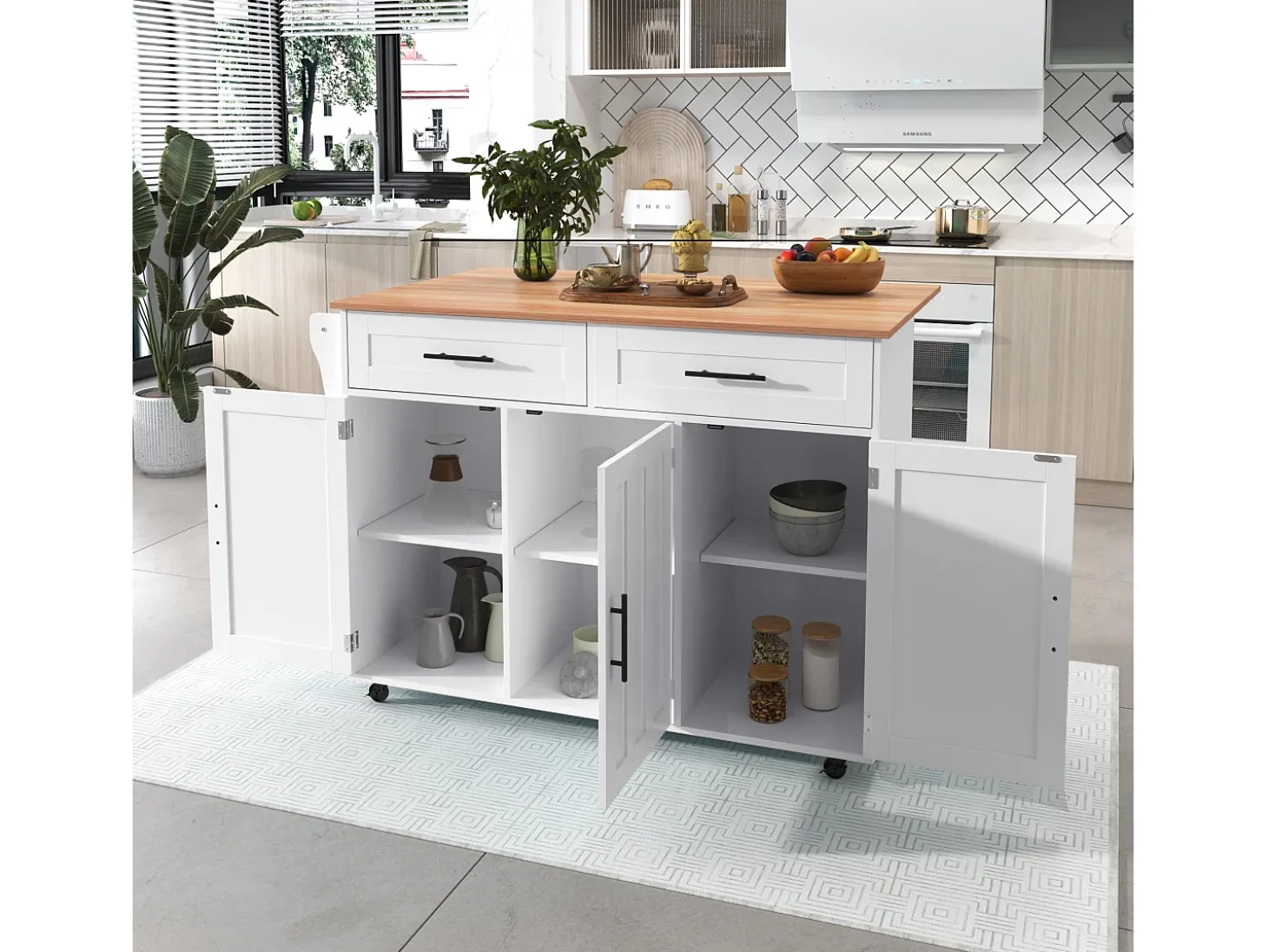 Ilha de cozinha central com 2 gavetas - Bancada extensível - pés com rodízios ou em madeira maciça - Branco