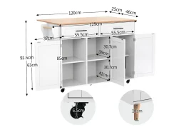 Ilha de cozinha central com 2 gavetas - Bancada extensível - pés com rodízios ou em madeira maciça - Branco