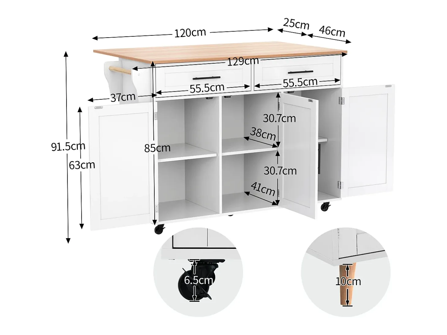 Ilha de cozinha central com 2 gavetas - Bancada extensível - pés com rodízios ou em madeira maciça - Branco