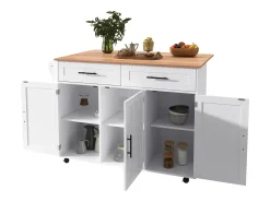 Ilha de cozinha central com 2 gavetas - Bancada extensível - pés com rodízios ou em madeira maciça - Branco