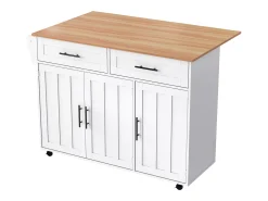 Ilha de cozinha central com 2 gavetas - Bancada extensível - pés com rodízios ou em madeira maciça - Branco