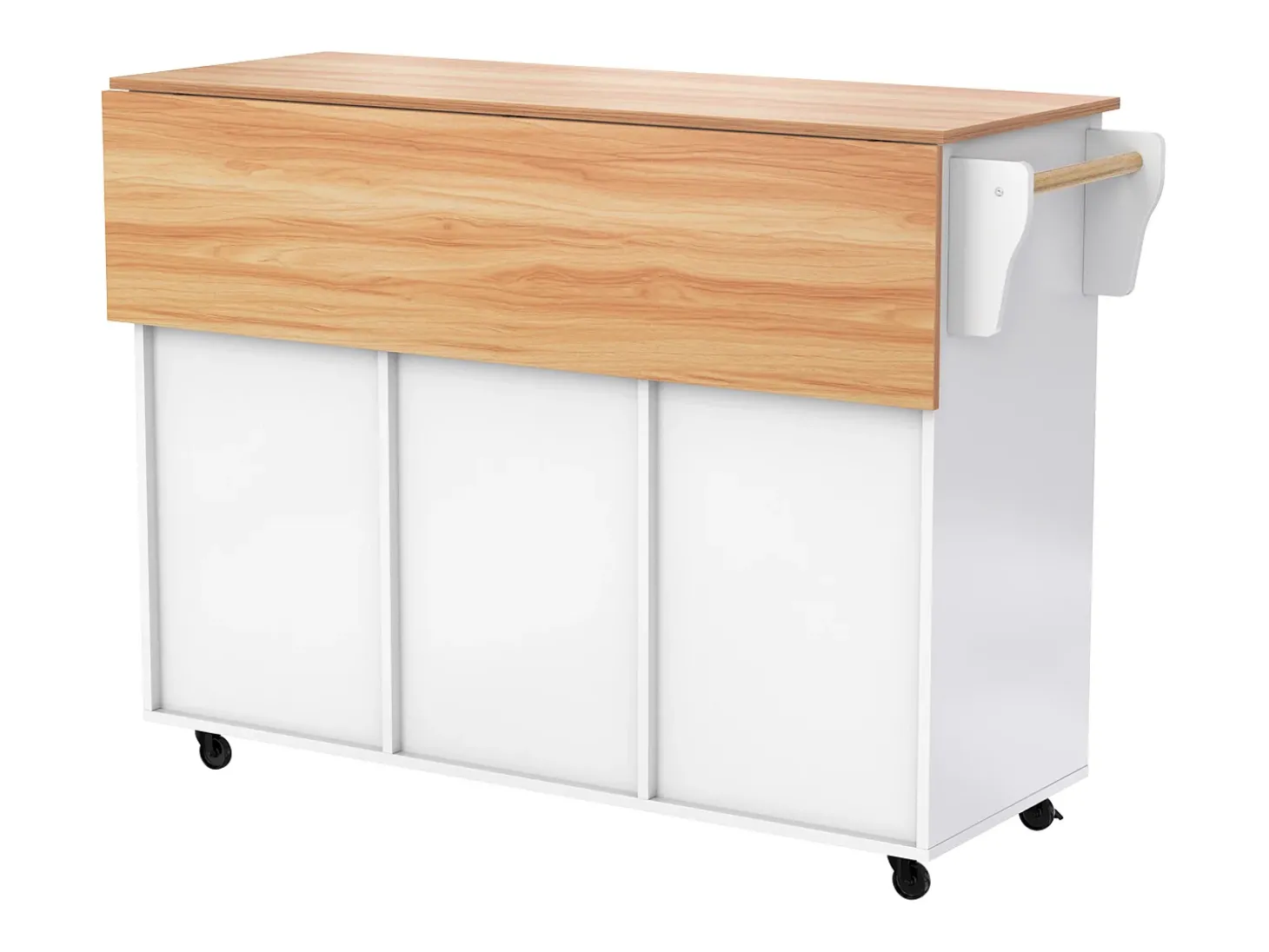 Ilha de cozinha central com 2 gavetas - Bancada extensível - pés com rodízios ou em madeira maciça - Branco