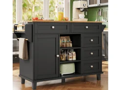 Ilha de cozinha central fixa com uma porta, 5 gavetas e 3 compartimentos abertos - 134 x 46 x 92 cm - Madeira MDF - Preto