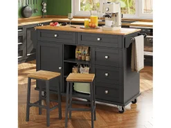 Ilha de cozinha central fixa com uma porta, 5 gavetas e 3 compartimentos abertos - 134 x 46 x 92 cm - Madeira MDF - Preto