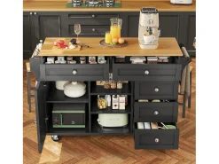 Ilha de cozinha central fixa com uma porta, 5 gavetas e 3 compartimentos abertos - 134 x 46 x 92 cm - Madeira MDF - Preto