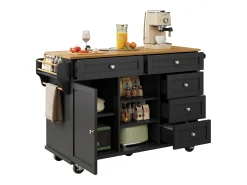 Ilha de cozinha central fixa com uma porta, 5 gavetas e 3 compartimentos abertos - 134 x 46 x 92 cm - Madeira MDF - Preto