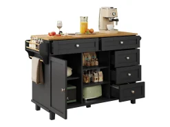 Ilha de cozinha central fixa com uma porta, 5 gavetas e 3 compartimentos abertos - 134 x 46 x 92 cm - Madeira MDF - Preto