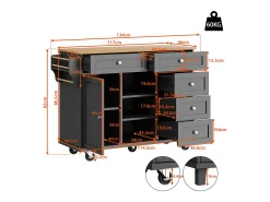 Ilha de cozinha central fixa com uma porta, 5 gavetas e 3 compartimentos abertos - 134 x 46 x 92 cm - Madeira MDF - Preto