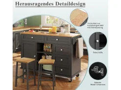 Ilha de cozinha central fixa com uma porta, 5 gavetas e 3 compartimentos abertos - 134 x 46 x 92 cm - Madeira MDF - Preto