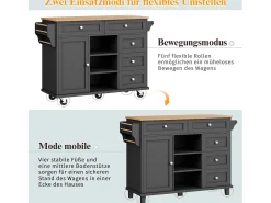 Ilha de cozinha central fixa com uma porta, 5 gavetas e 3 compartimentos abertos - 134 x 46 x 92 cm - Madeira MDF - Preto