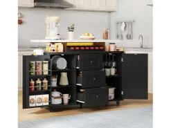 Ilha de cozinha central móvel - mesa de jantar dobrável - con LED - con 2 portas e 3 gavetas - con suporte para copos de vinho e rodas - Preto