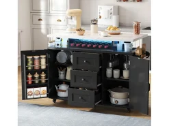 Ilha de cozinha central móvel - mesa de jantar dobrável - con LED - con 2 portas e 3 gavetas - con suporte para copos de vinho e rodas - Preto