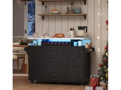 Ilha de cozinha central móvel - mesa de jantar dobrável - con LED - con 2 portas e 3 gavetas - con suporte para copos de vinho e rodas - Preto