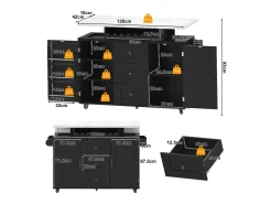 Ilha de cozinha central móvel - mesa de jantar dobrável - con LED - con 2 portas e 3 gavetas - con suporte para copos de vinho e rodas - Preto
