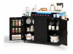 Ilha de cozinha central móvel - mesa de jantar dobrável - con LED - con 2 portas e 3 gavetas - con suporte para copos de vinho e rodas - Preto